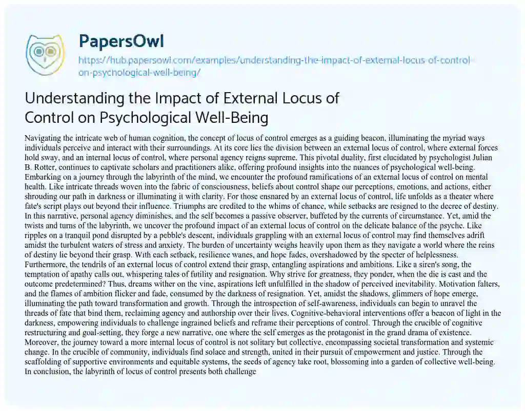 Essay on Understanding the Impact of External Locus of Control on Psychological Well-Being