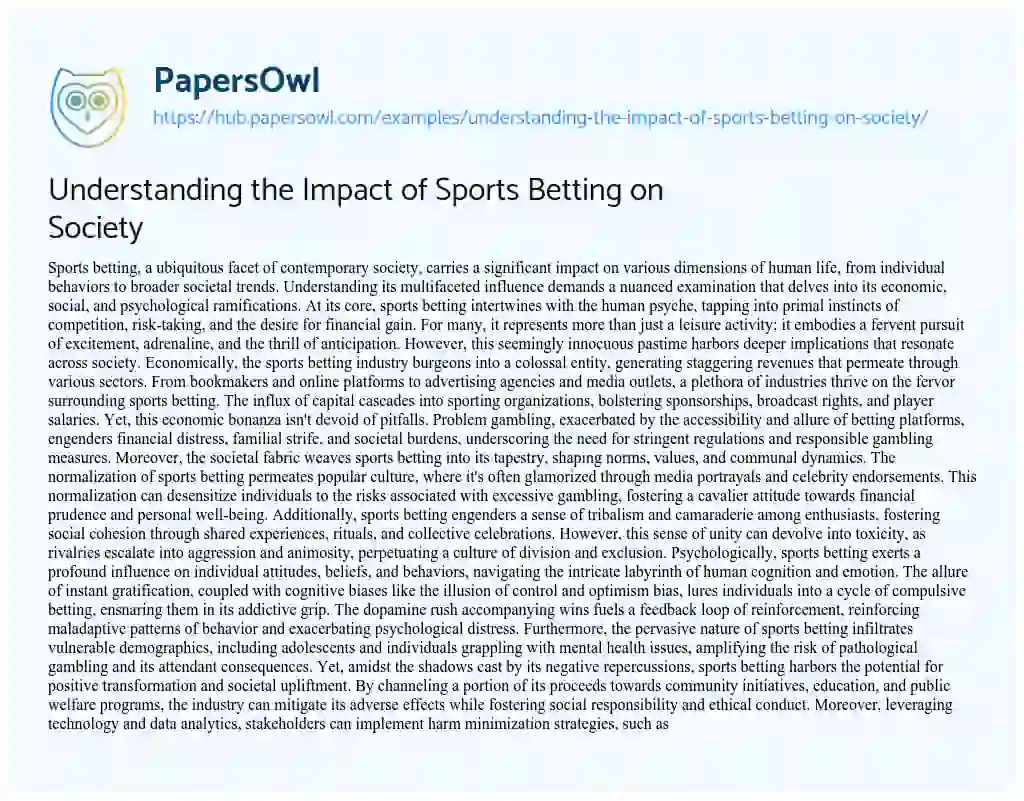Essay on Understanding the Impact of Sports Betting on Society