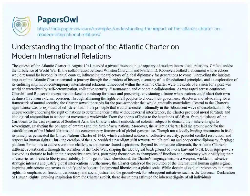 Essay on Understanding the Impact of the Atlantic Charter on Modern International Relations