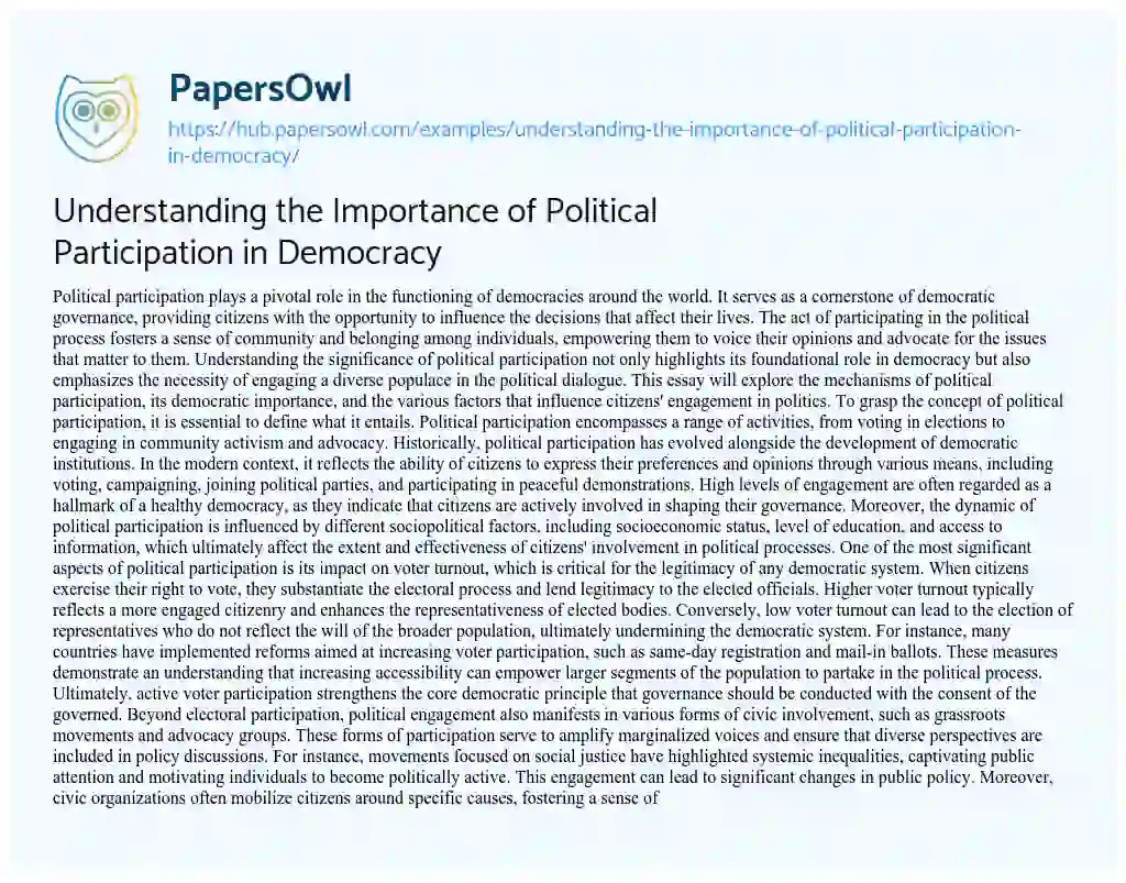 Essay on Understanding the Importance of Political Participation in Democracy