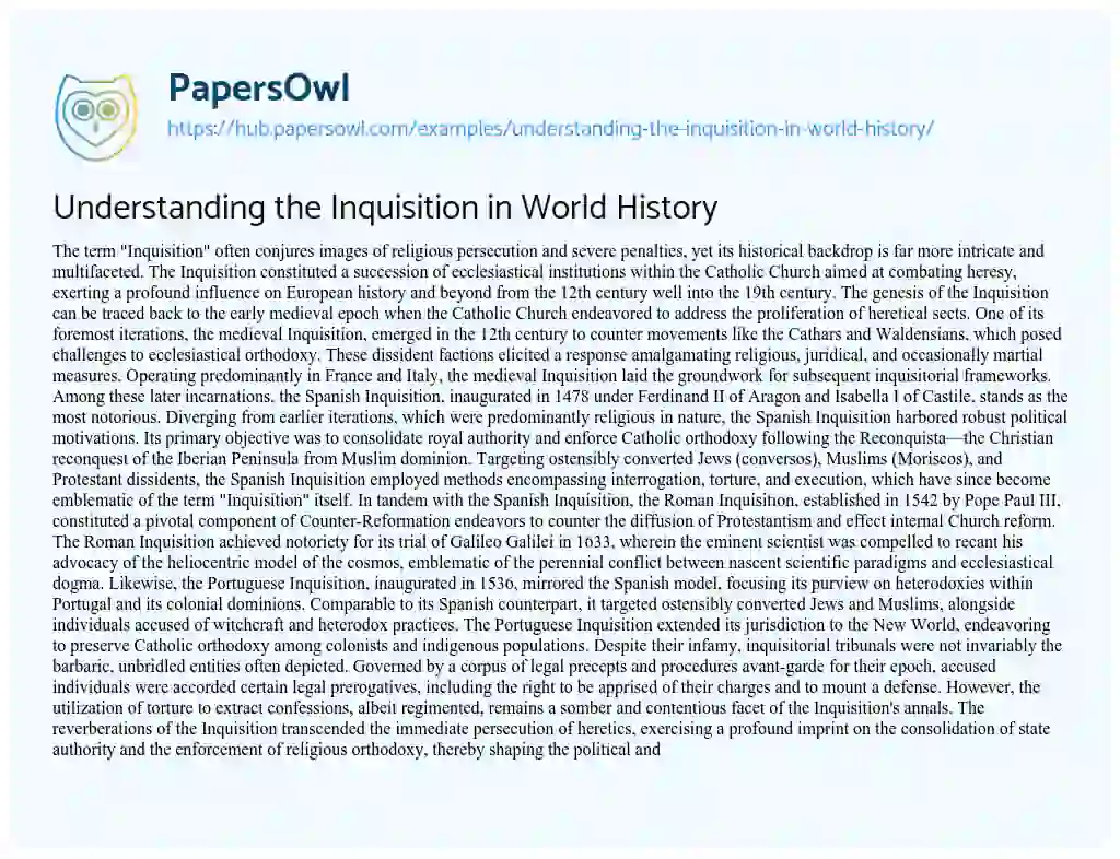 Essay on Understanding the Inquisition in World History