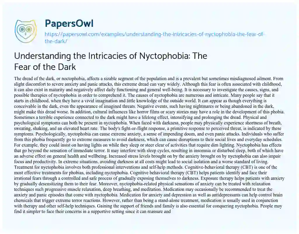 Essay on Understanding the Intricacies of Nyctophobia: The Fear of the Dark