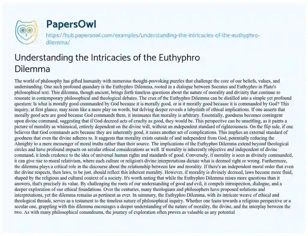 Essay on Understanding the Intricacies of the Euthyphro Dilemma