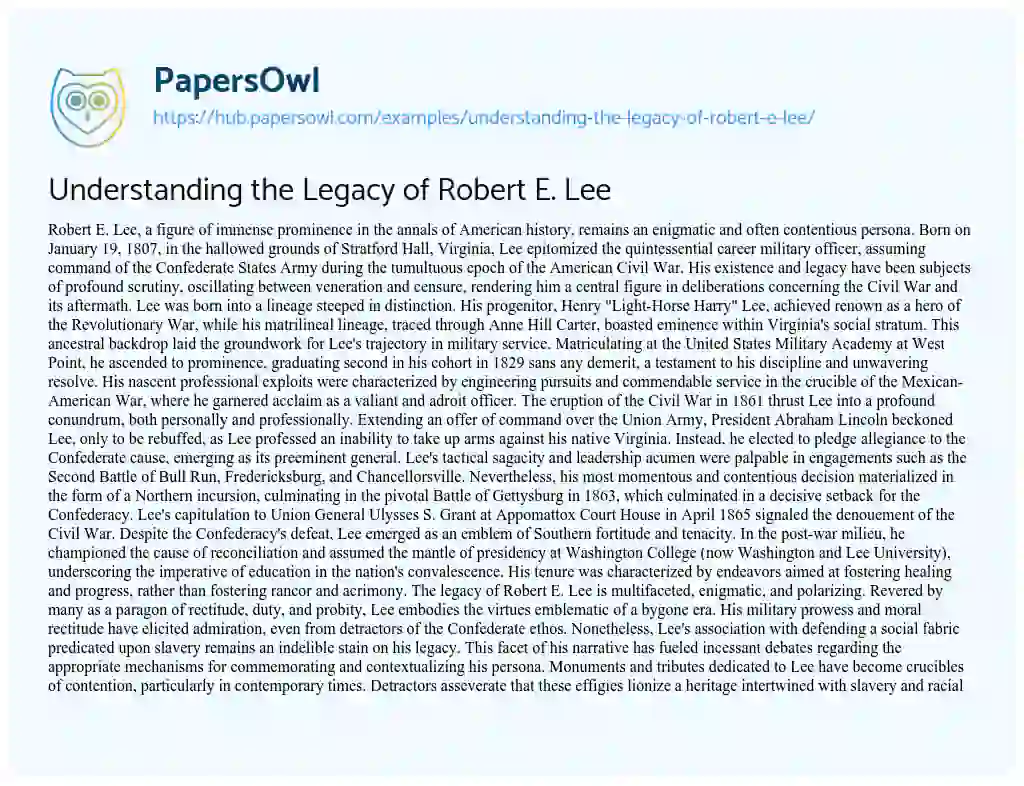 Essay on Understanding the Legacy of Robert E. Lee