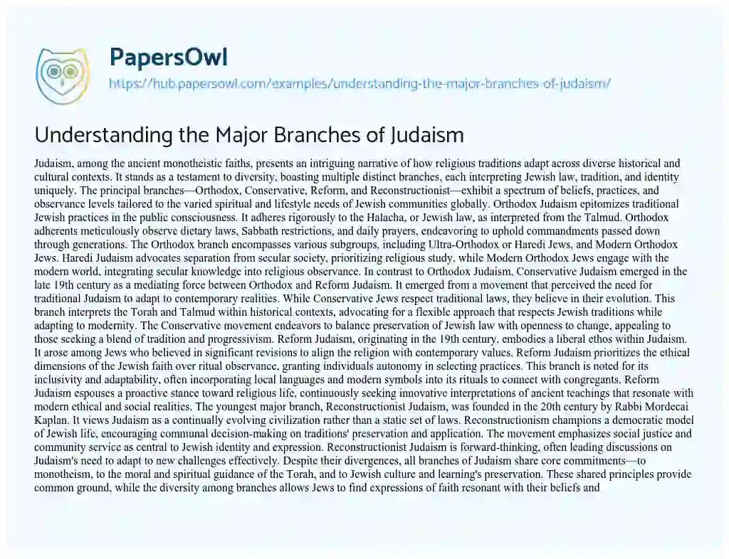 Essay on Understanding the Major Branches of Judaism