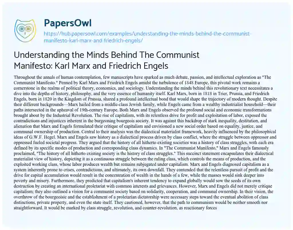 Essay on Understanding the Minds Behind The Communist Manifesto: Karl Marx and Friedrich Engels