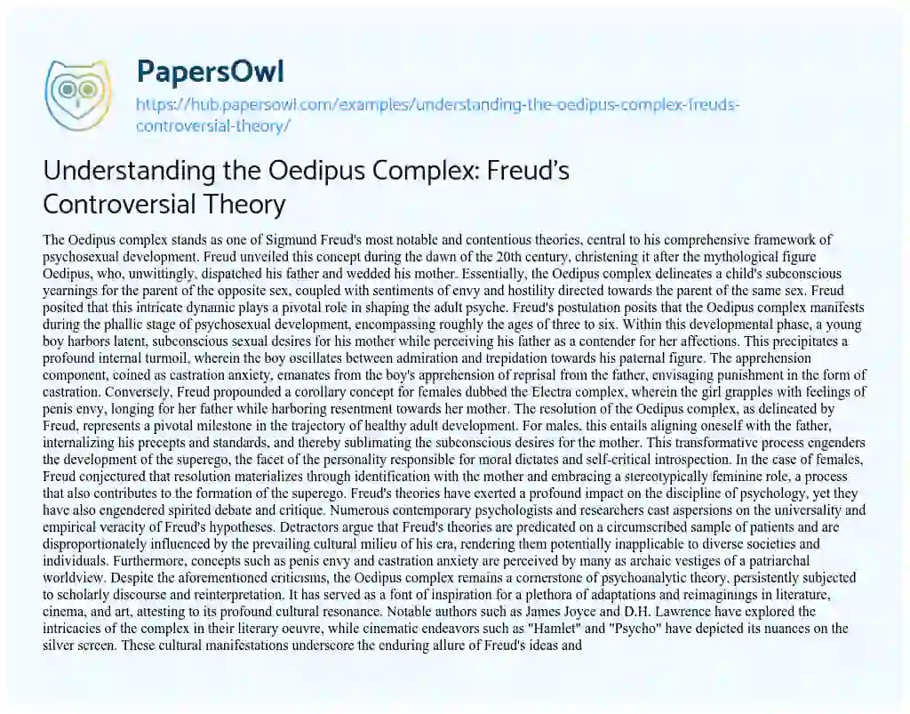 Essay on Understanding the Oedipus Complex: Freud’s Controversial Theory