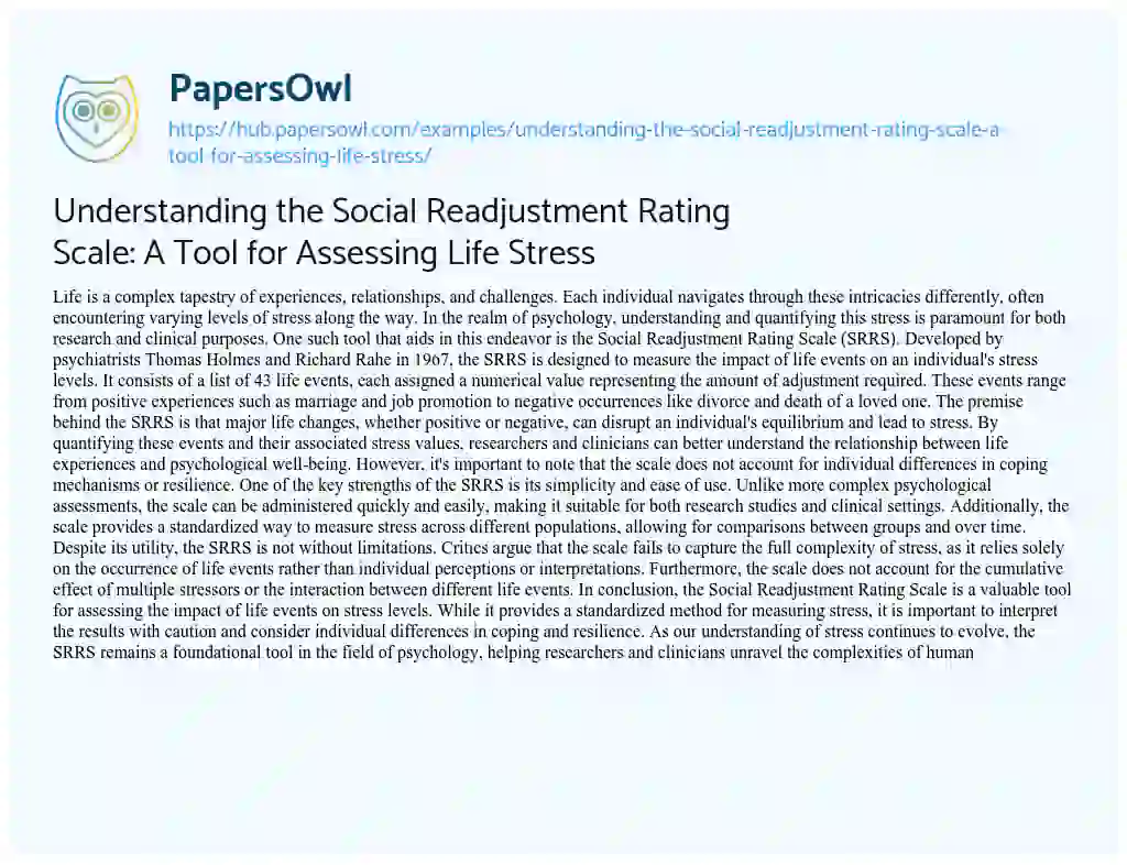 Essay on Understanding the Social Readjustment Rating Scale: A Tool for Assessing Life Stress