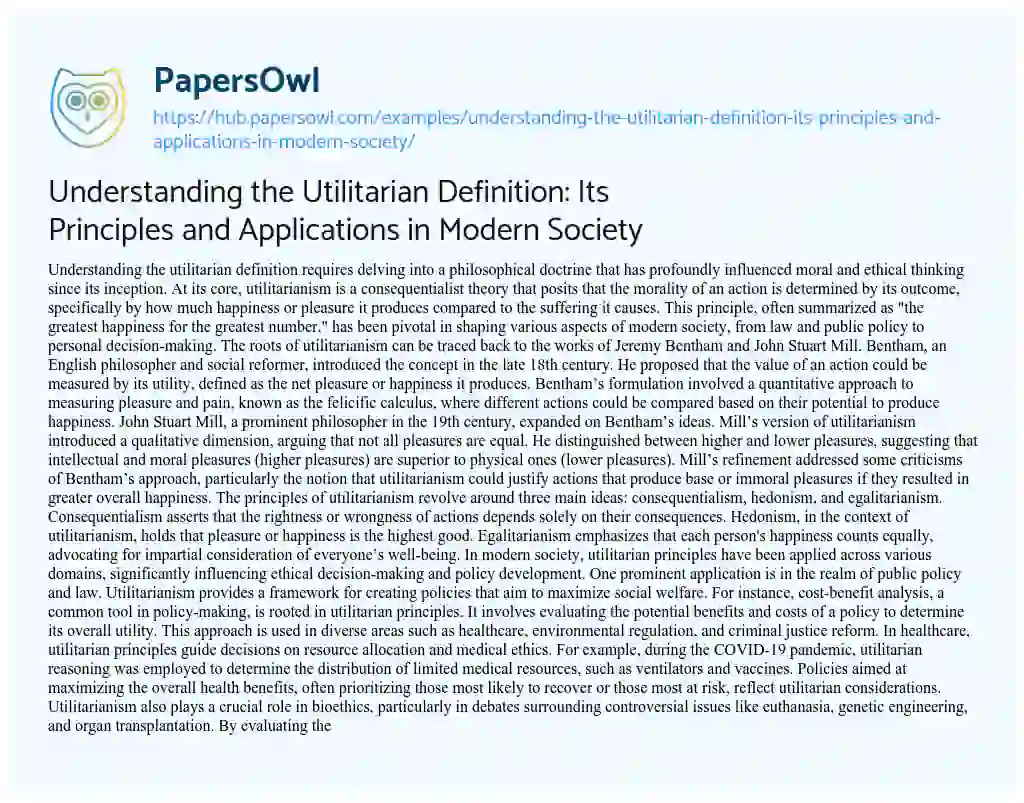 Essay on Understanding the Utilitarian Definition: Its Principles and Applications in Modern Society
