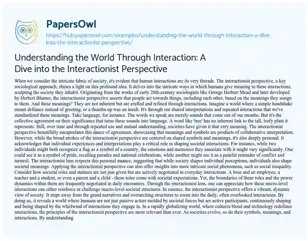 Essay on Understanding the World Through Interaction: A Dive into the Interactionist Perspective