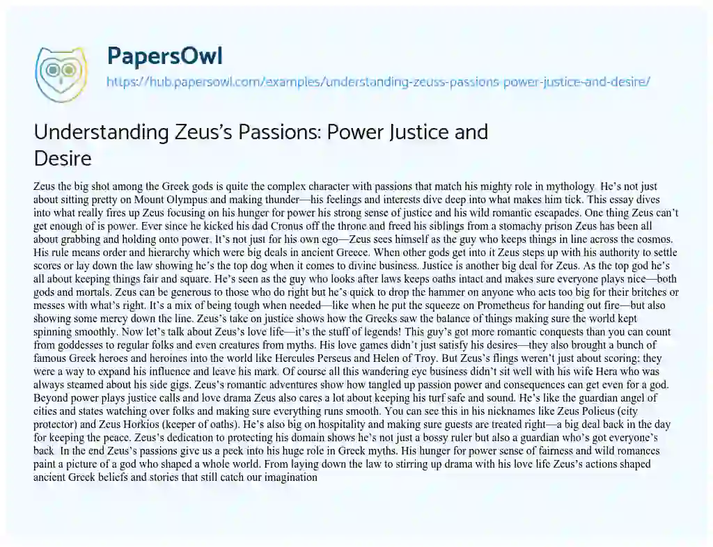 Essay on Understanding Zeus’s Passions: Power Justice and Desire
