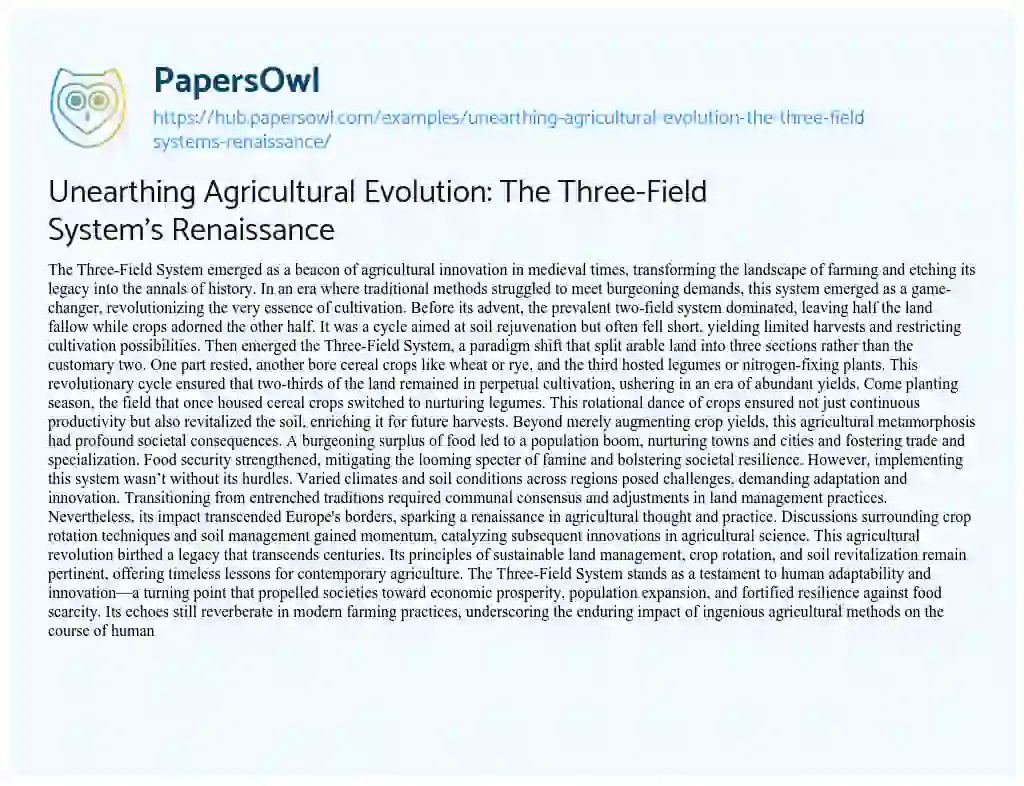 Essay on Unearthing Agricultural Evolution: The Three-Field System’s Renaissance
