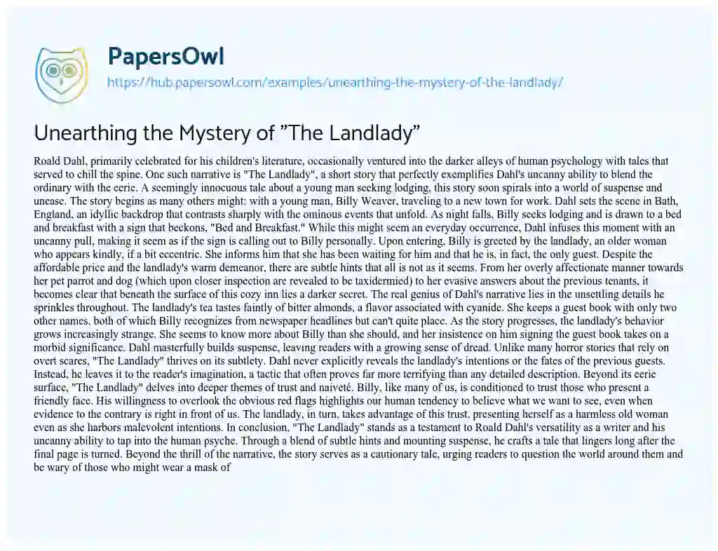 Essay on Unearthing the Mystery of “The Landlady”
