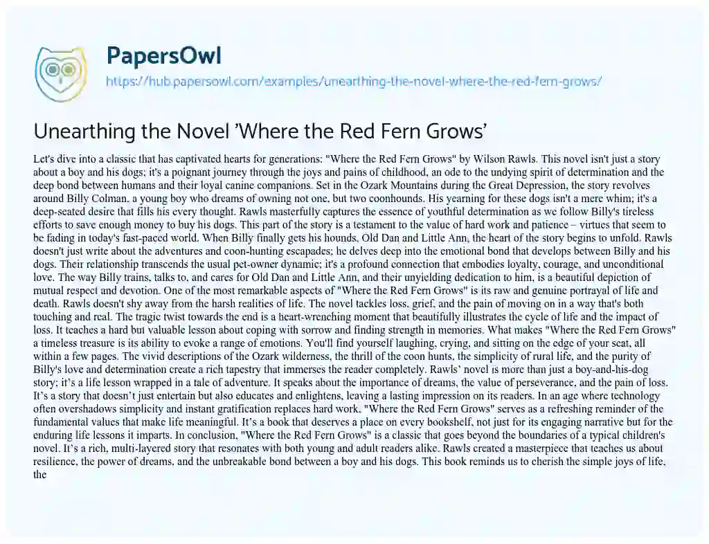 Essay on Unearthing the Novel ‘Where the Red Fern Grows’