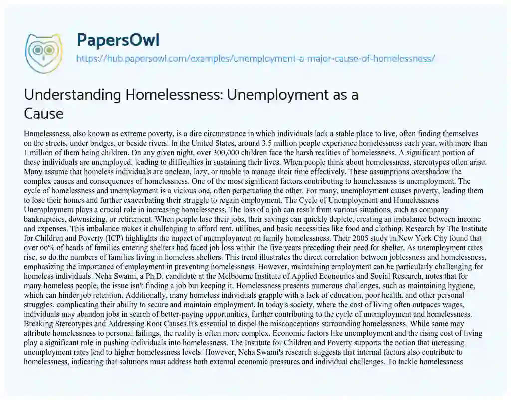 Essay on Understanding Homelessness: Unemployment as a Cause