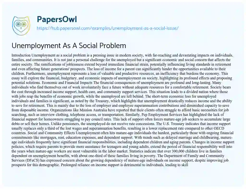 Essay on Unemployment As A Social Problem