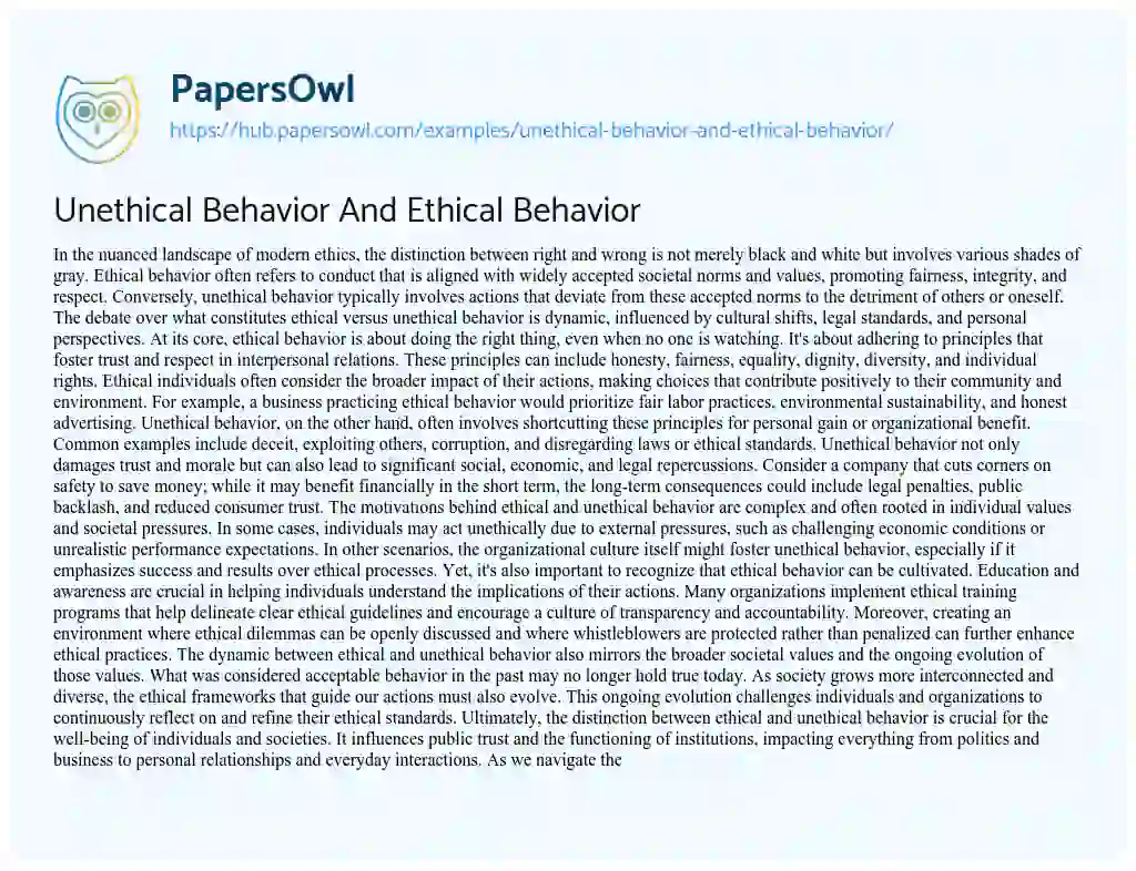 Essay on Unethical Behavior And Ethical Behavior