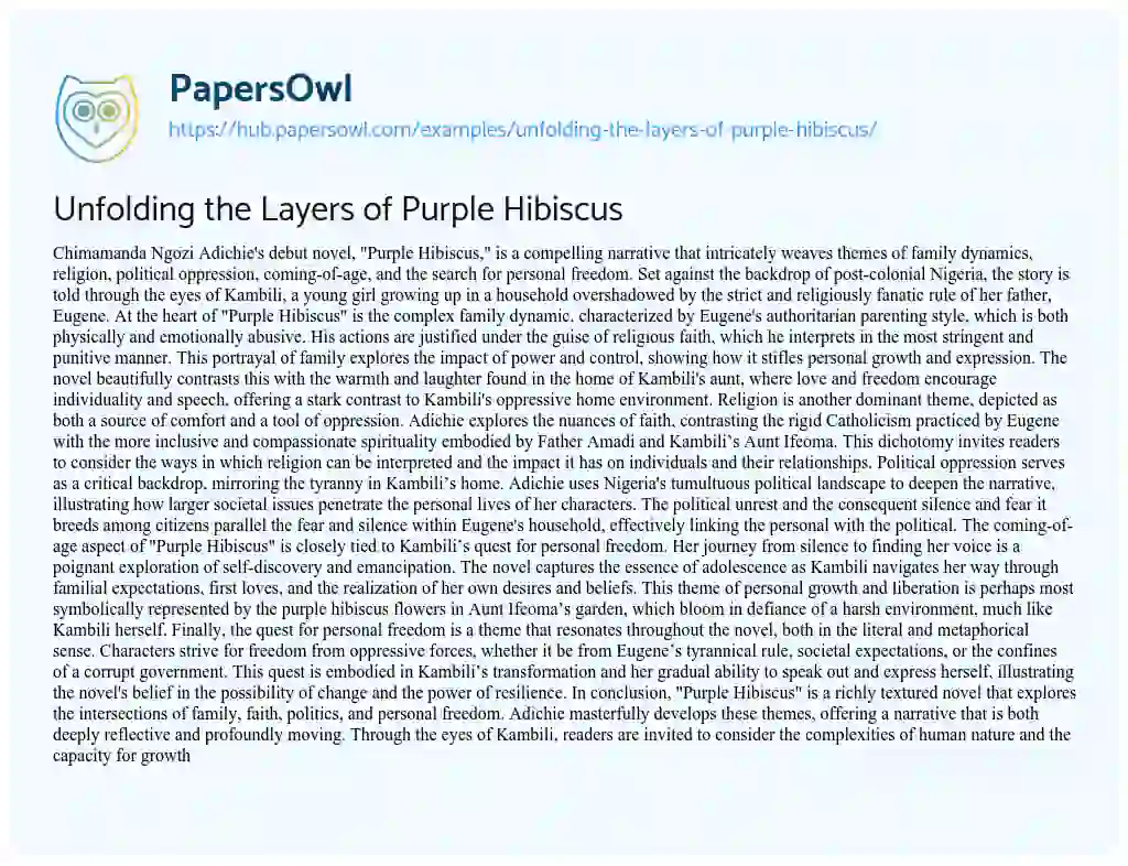 Essay on Unfolding the Layers of Purple Hibiscus