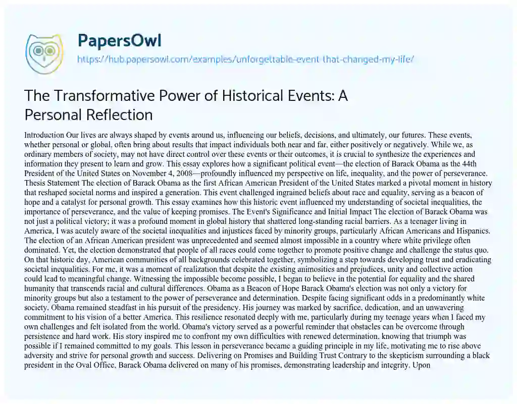 Essay on The Transformative Power of Historical Events: A Personal Reflection