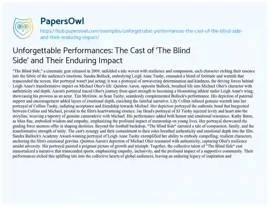 Essay on Unforgettable Performances: The Cast of ‘The Blind Side’ and Their Enduring Impact
