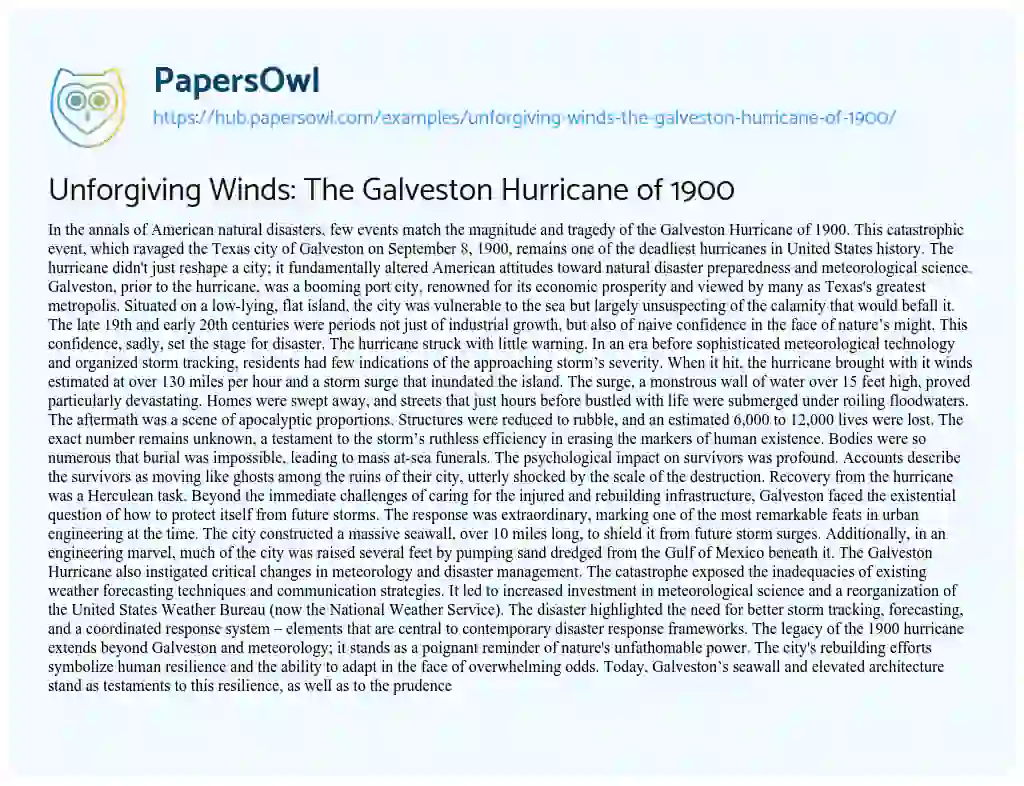 Essay on Unforgiving Winds: The Galveston Hurricane of 1900