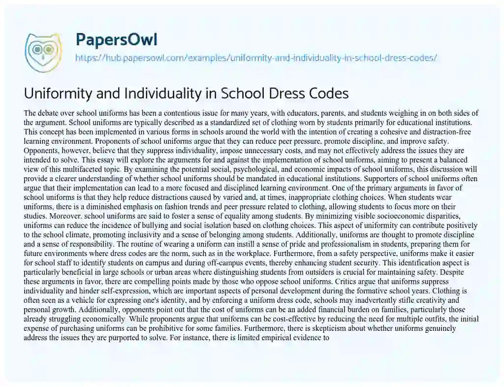Essay on Uniformity and Individuality in School Dress Codes
