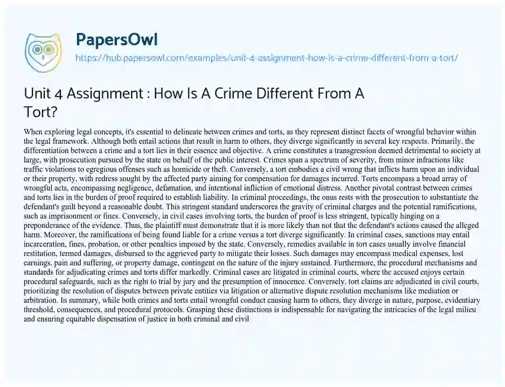 Essay on Unit 4 Assignment : How Is A Crime Different From A Tort?