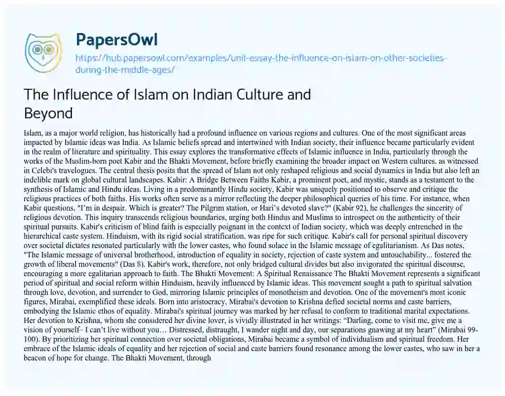 Essay on The Influence of Islam on Indian Culture and Beyond