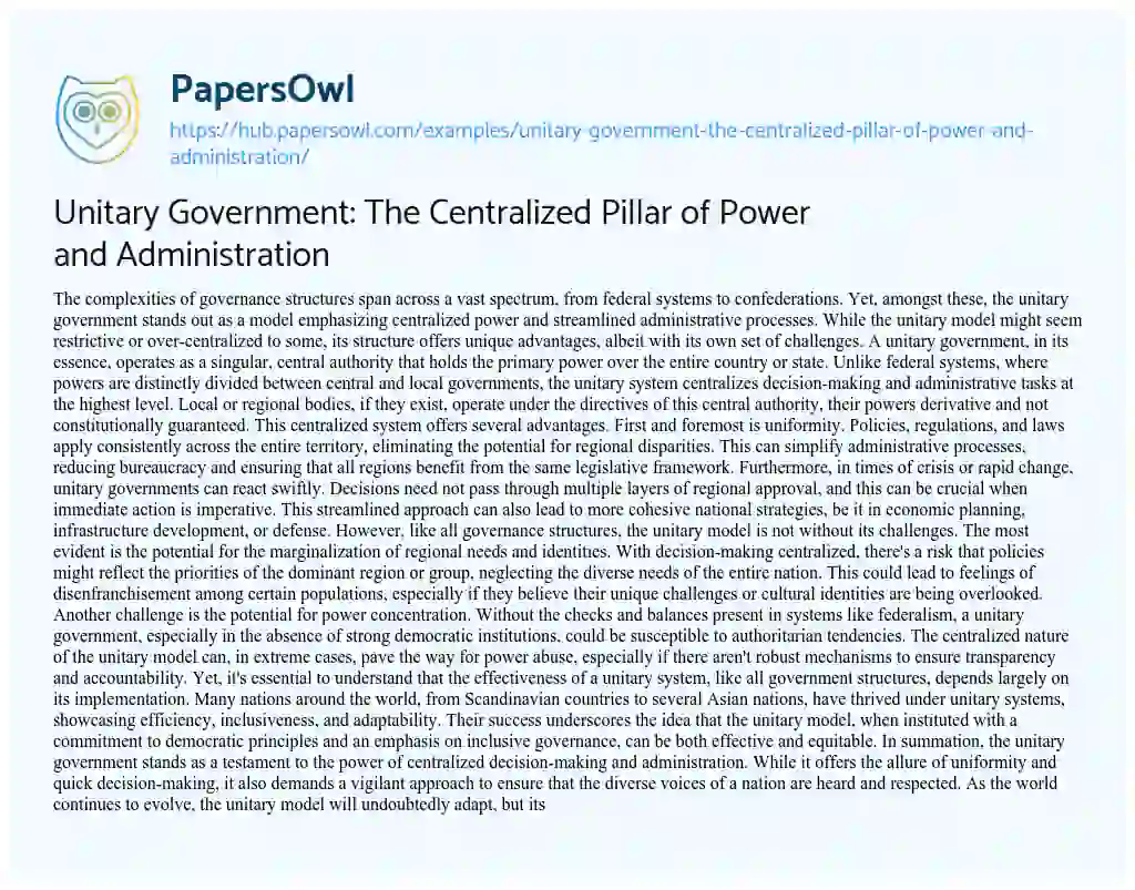 Essay on Unitary Government: The Centralized Pillar of Power and Administration