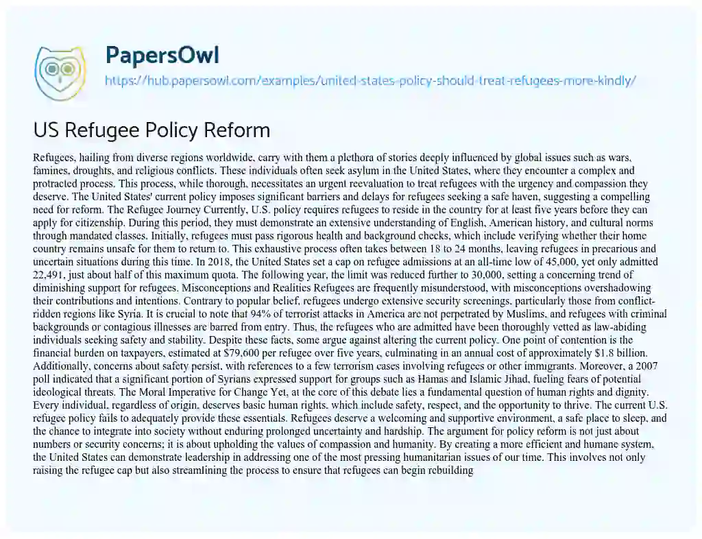 Essay on US Refugee Policy Reform