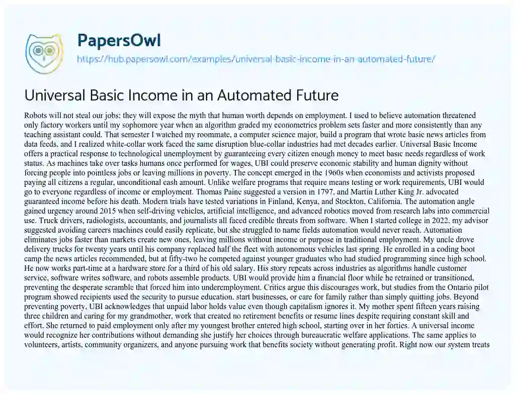Essay on Universal Basic Income in an Automated Future