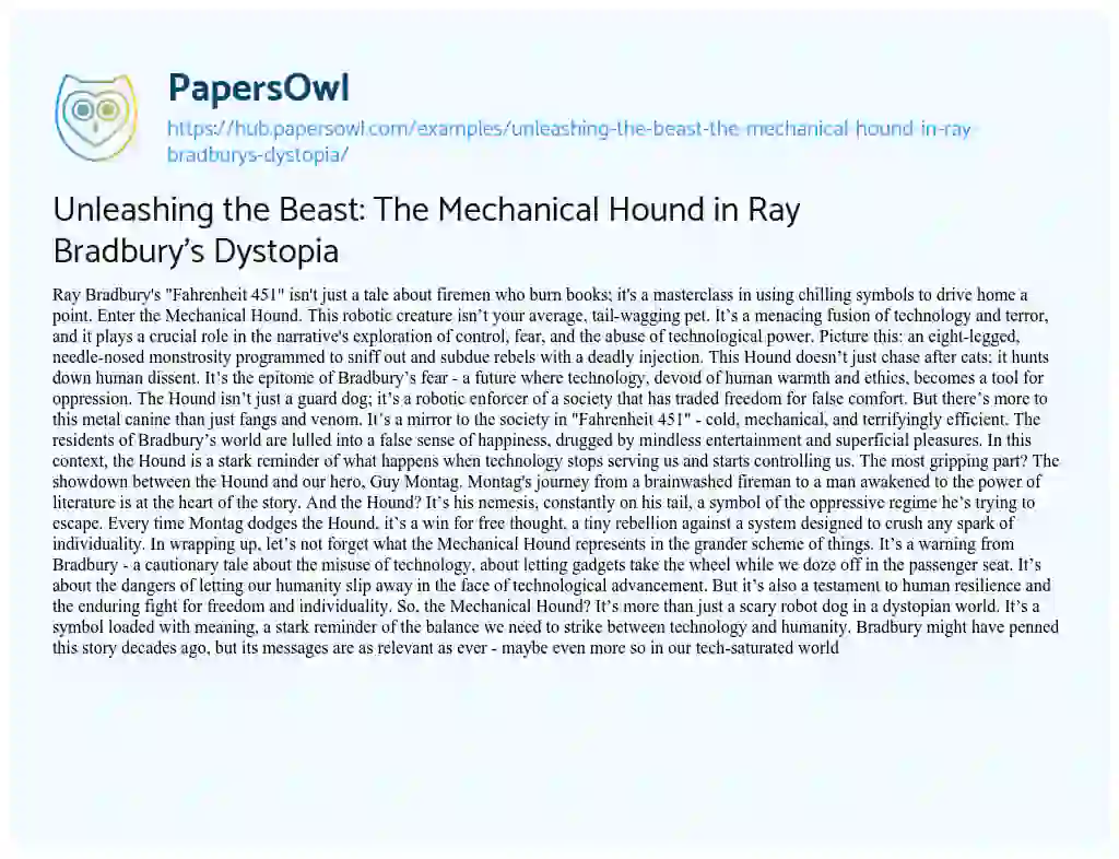Essay on Unleashing the Beast: The Mechanical Hound in Ray Bradbury’s Dystopia