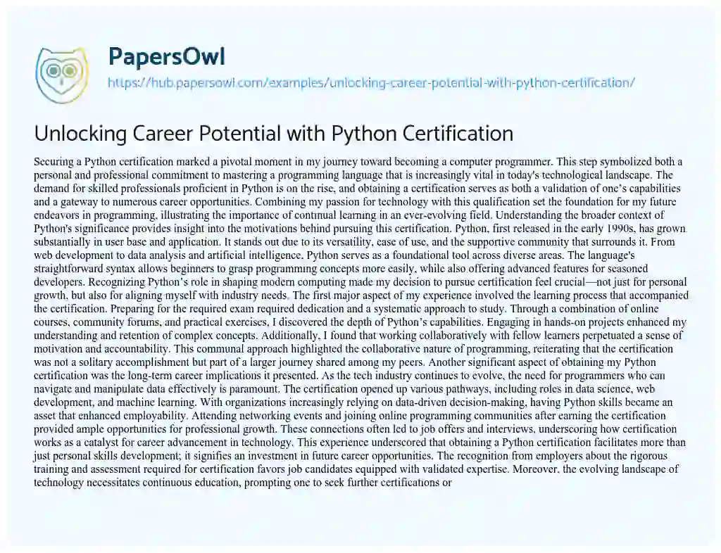 Essay on Unlocking Career Potential with Python Certification