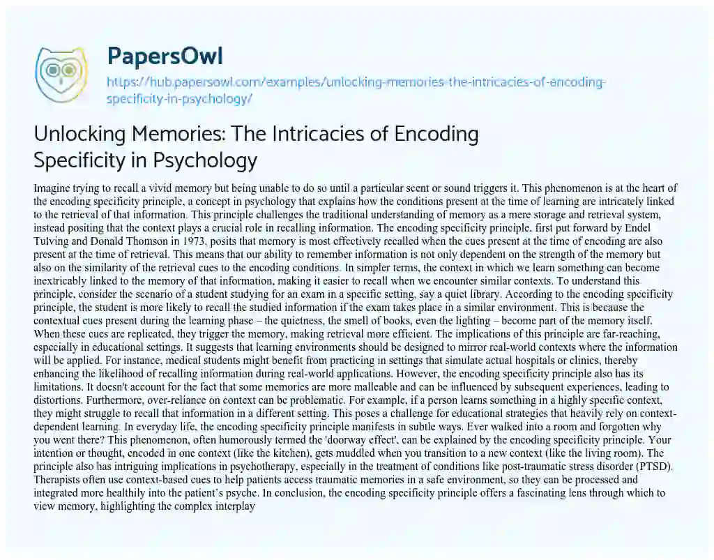 Essay on Unlocking Memories: The Intricacies of Encoding Specificity in Psychology