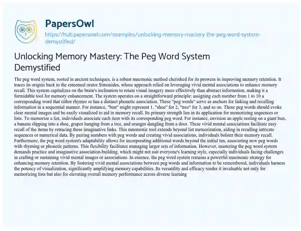 Essay on Unlocking Memory Mastery: The Peg Word System Demystified