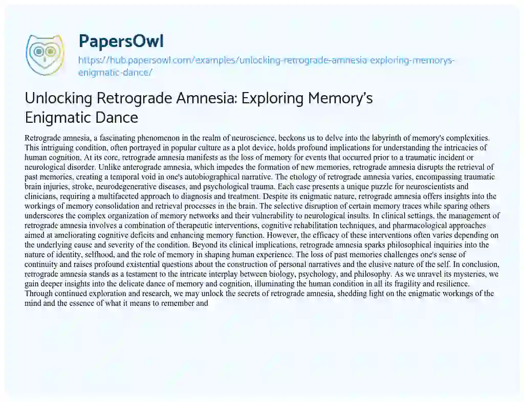 Essay on Unlocking Retrograde Amnesia: Exploring Memory’s Enigmatic Dance