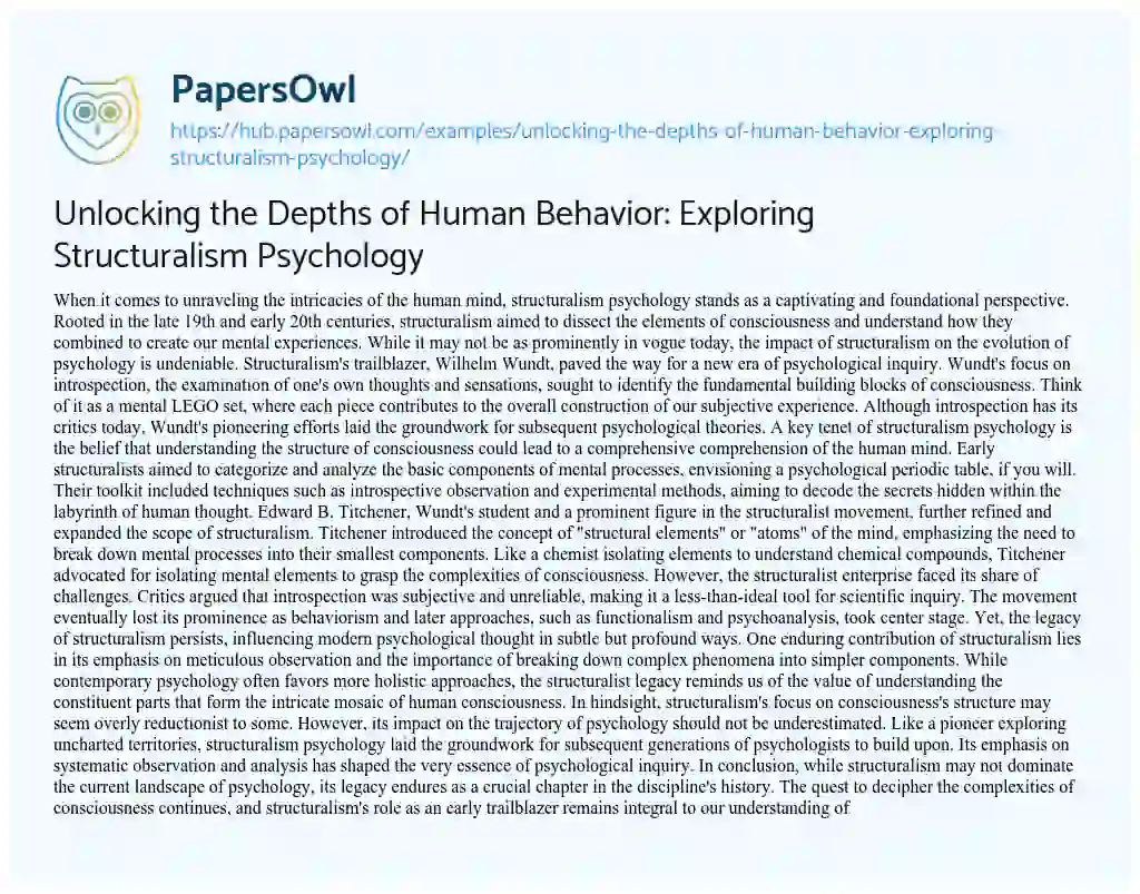 Essay on Unlocking the Depths of Human Behavior: Exploring Structuralism Psychology