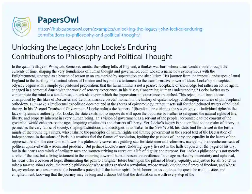 Essay on Unlocking the Legacy: John Locke’s Enduring Contributions to Philosophy and Political Thought
