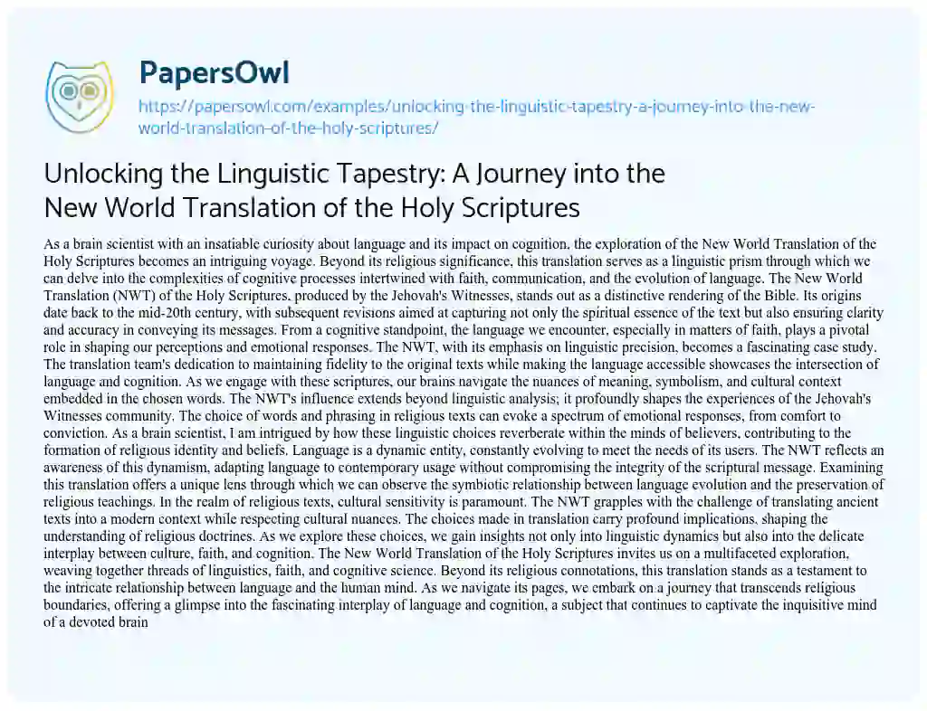 Essay on Unlocking the Linguistic Tapestry: A Journey into the New World Translation of the Holy Scriptures
