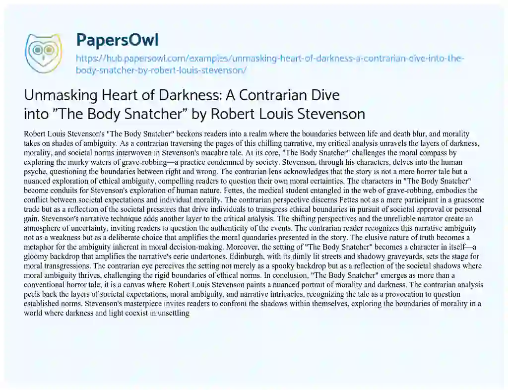 Essay on Unmasking Heart of Darkness: A Contrarian Dive into “The Body Snatcher” by Robert Louis Stevenson