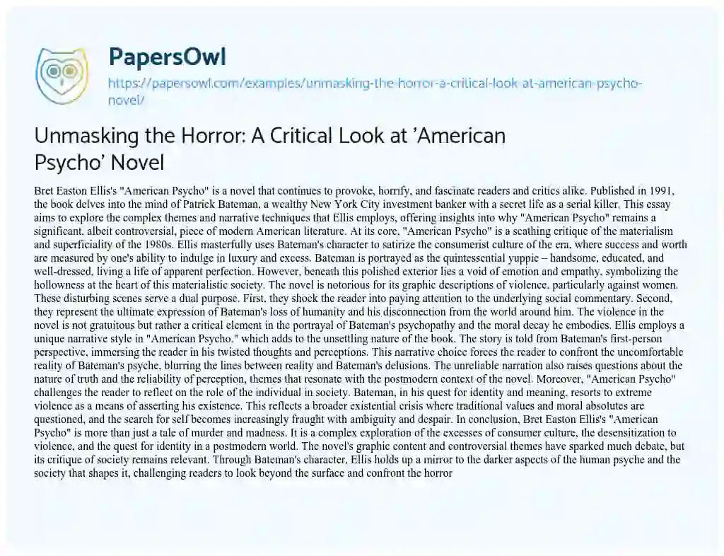 Essay on Unmasking the Horror: A Critical Look at ‘American Psycho’ Novel