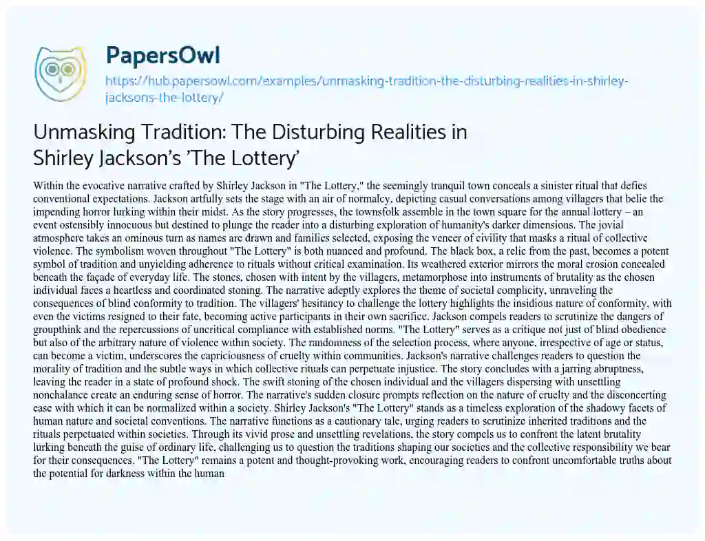 Essay on Unmasking Tradition: The Disturbing Realities in Shirley Jackson’s ‘The Lottery’