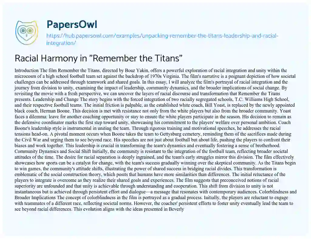 Essay on Racial Harmony in “Remember the Titans”