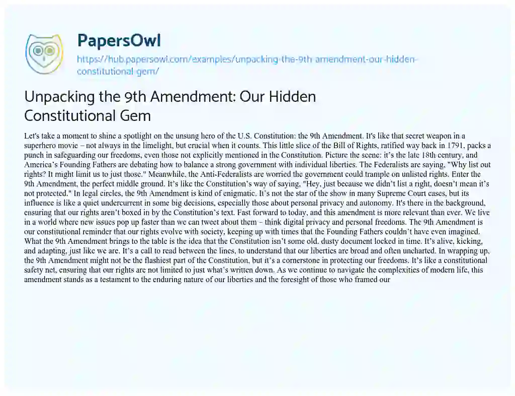 Essay on Unpacking the 9th Amendment: Our Hidden Constitutional Gem