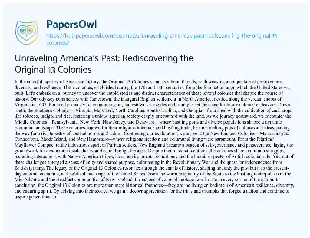 Essay on Unraveling America’s Past: Rediscovering the Original 13 Colonies