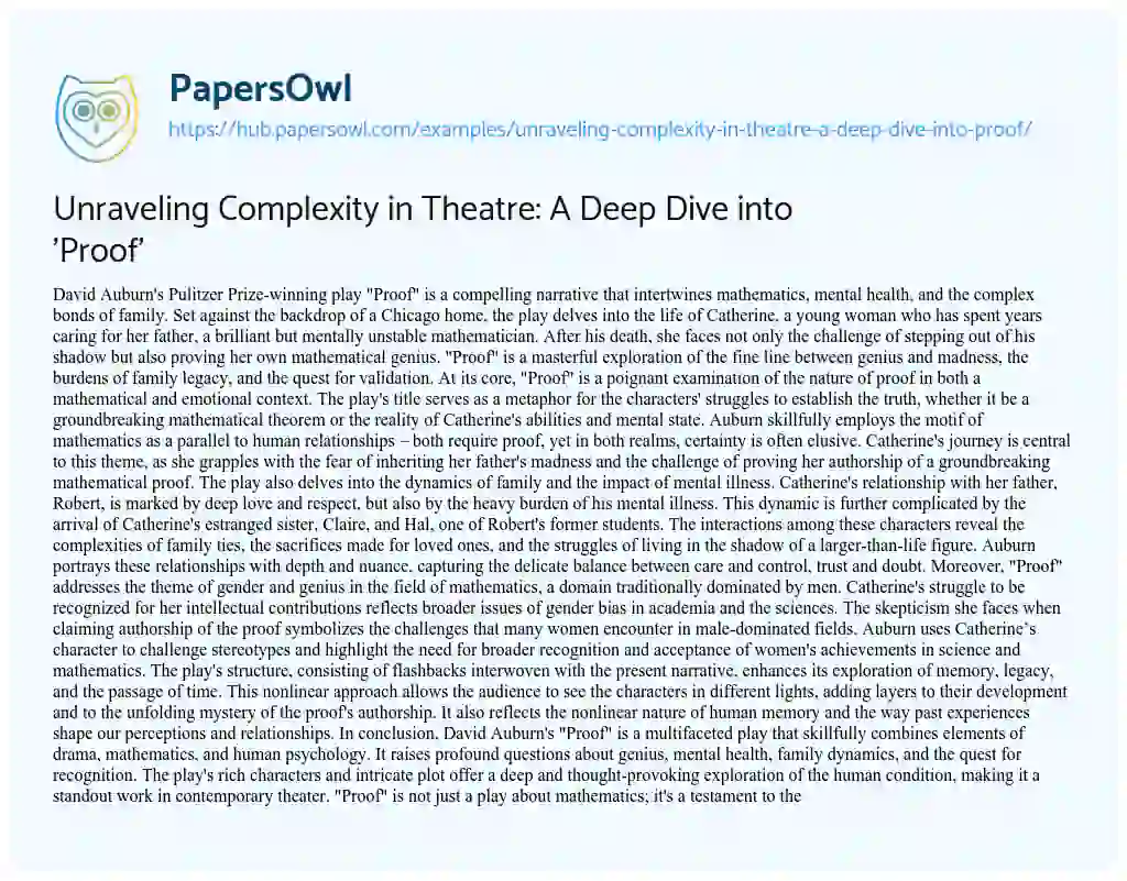 Essay on Unraveling Complexity in Theatre: A Deep Dive into ‘Proof’