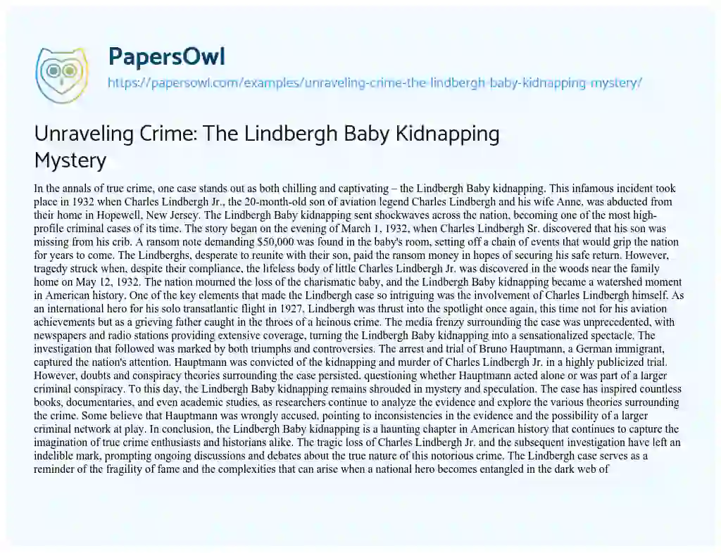 Essay on Unraveling Crime: The Lindbergh Baby Kidnapping Mystery