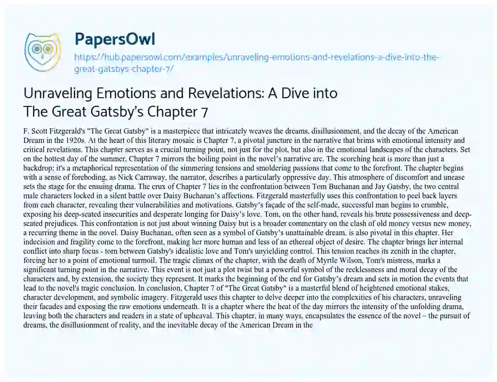 Essay on Unraveling Emotions and Revelations: A Dive into The Great Gatsby’s Chapter 7