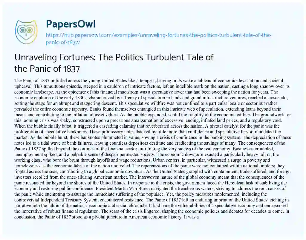 Essay on Unraveling Fortunes: The Politics Turbulent Tale of the Panic of 1837