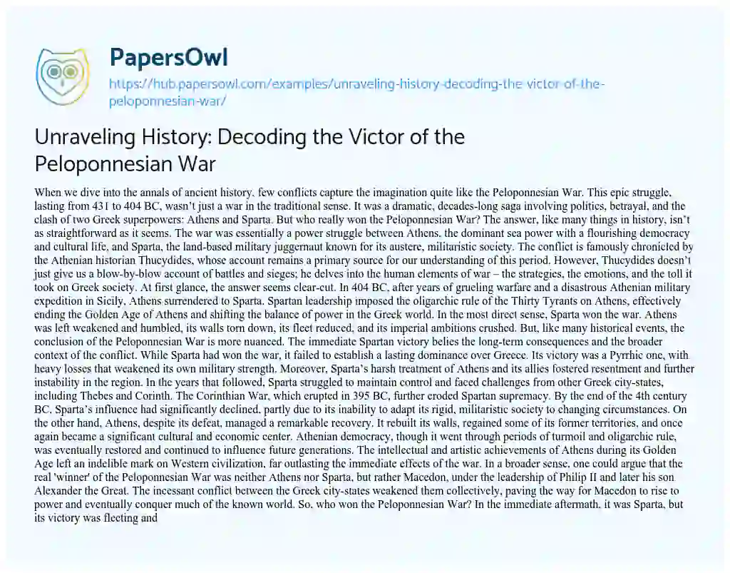 Essay on Unraveling History: Decoding the Victor of the Peloponnesian War